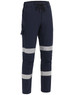Navy work pants featuring reflective tape, elastic waistband, and multiple pockets for functionality.