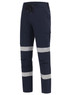 Navy work pants with reflective tape and multiple pockets, featuring a drawstring waist. Includes a logo.