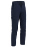 Navy blue DWR water repellent flexi work pants with a drawstring waist and side pockets, featuring branding.