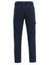 Navy blue water-repellent work pants featuring a flexible design and multiple pockets, with a branded logo.