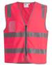 A vibrant pink safety vest featuring reflective stripes and utility pockets, including a clear ID pocket.