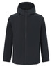A unisex black waterproof jacket with a hood and front zipper, featuring a logo on the material.