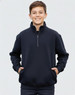 A navy blue kids' half zip collar fleecy sweatshirt with long sleeves and a front zipper. It features a logo.