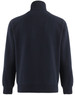A navy fleecy sweat with a half zip collar and long sleeves, featuring a logo on the back.