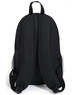 A black backpack with padded straps and mesh side pockets, featuring a sleek, minimalist design.