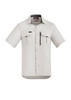 A light grey short sleeve button-up shirt with two front pockets and a zippered pocket. Features a logo.