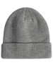 A grey cable knit snug beanie with a roll-up cuff and a small logo on the side.