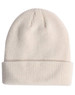 A white cable knit snug beanie with a rolled cuff and a branding logo.