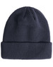A navy roll-up cable knit snug beanie with a folded brim and a logo.