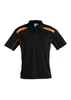 A black short sleeve polo shirt with orange accents and a logo on the chest. Perfect for casual wear.
