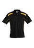 A black short sleeve polo shirt featuring yellow accents and a logo on the chest.