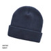 A navy grid knit beanie with a folded cuff and a textured pattern. It features a logo on the side.