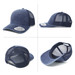A navy blue seamless front washed mesh cap featuring a curved brim and a mesh back, with a logo present.