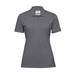 A women's polo shirt in grey with a collar, short sleeves, and a branding label on the neck.
