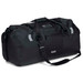 A black duffle bag with grey reflective accents and an adjustable shoulder strap. It features a zipped pocket on the side.