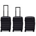 Three black hardcase suitcases with extendable handles and wheels, featuring a logo on the front.