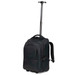 A black trolley backpack with wheels and an extendable handle, featuring shoulder straps and organisational pockets.