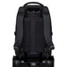 A black trolley backpack featuring padded shoulder straps and a wheeled base for easy transport.