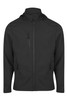A black jacket with a zippered front, hood, and multiple pockets. It features a logo on the chest.