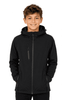 A black jacket with a hood and zippered pockets, featuring a logo and fitted design for kids.