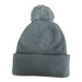 A grey knitted beanie with a pompom on top, featuring a folded cuff at the bottom and a logo.