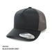A black and dark grey seamless mesh cap featuring a curved brim and a logo on the front.