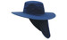 A navy canvas sun hat with a wide brim and neck flap, featuring a logo on the side.