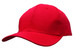 A red cotton twill cap with a buckle and a logo on the front.
