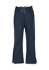 Classic women's bootleg scrub pants in navy blue with a drawstring waist and side slits. Features pockets and has branding.