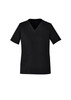 A black women's scrub top with a V-neck and short sleeves, featuring two front pockets and a logo.