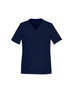 A navy V-neck scrub top for women featuring short sleeves and two front pockets. It has a branding logo.