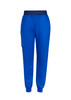 A pair of blue slim leg jogger scrub pants with a waistband and side pocket, featuring a logo.