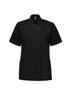 A black women's essence jacket featuring short sleeves, a snap button closure, and two front pockets.