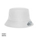 A white bucket hat with a logo on the side featuring a wide brim and a soft, structured design.