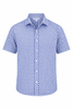 A short-sleeve button-up shirt in a blue and white checkered pattern with a collar and branded logo.