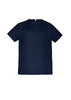 A navy unisex scrub top with a v-neck, short sleeves, and a chest pocket, featuring two front pockets.