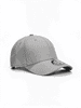 A grey stretch cap with a curved brim and a logo tag on the side.