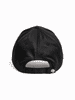 A black cap featuring an adjustable strap and a logo on the side. The view shows the back of the cap.