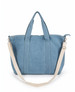 A blue duffle bag with two handles and a detachable strap, featuring a simple design and a logo.