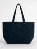 A navy canvas tote bag with two sturdy handles and a side pocket, featuring branding.