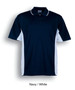 Navy and white polo shirt featuring a collar, button placket, and side panel detailing. Includes a logo.