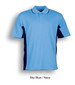 A polo shirt in sky blue with navy side panels, featuring a collar and button placket. It has a logo.