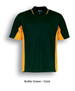 A polo shirt in bottle green and gold, featuring short sleeves and a collar. Includes a logo.