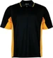 A black and yellow polo shirt featuring a collar, short sleeves, and a logo on the chest.