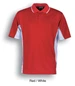 A red and white polo shirt featuring a collar, short sleeves, and contrasting side panels. It has a logo on the chest.