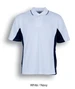 A white and navy polo shirt featuring a collar, short sleeves, and a logo on the front.