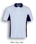 A polo shirt in white with navy and red side panels, featuring a collar and short sleeves. It has a logo.