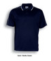 A navy polo shirt with gold and bottle green stripes and a collar. Features a logo on the chest.