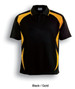 A black and gold unisex polo shirt featuring a logo and sporty design.