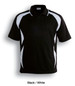 A black and white unisex polo shirt featuring contrasting side panels and a logo.